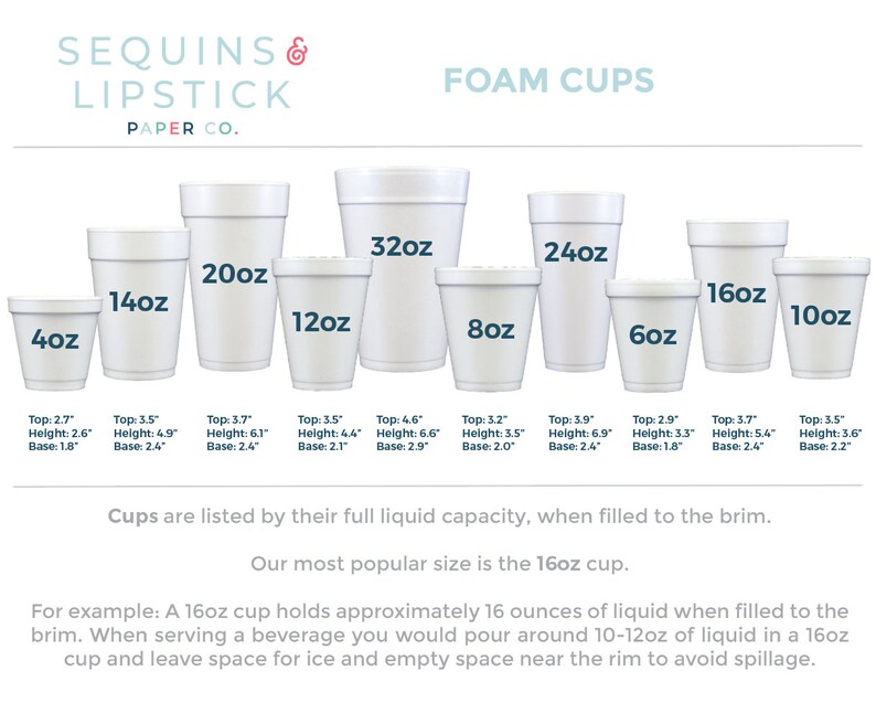 May include: A set of white foam cups in various sizes, ranging from 4 ounces to 32 ounces. The cups are labeled with their capacity in ounces. The text "FOAM CUPS" is displayed at the top of the image. The text "Cups are listed by their full liquid capacity, when filled to the brim." is displayed below the cups. The text "Our most popular size is the 16oz cup." is displayed below the previous text. The text "For example: A 16oz cup holds approximately 16 ounces of liquid when filled to the brim. When serving a beverage you would pour around 10-12oz of liquid in a 16oz cup and leave space for ice and empty space near the rim to avoid spillage." is displayed below the previous text.
