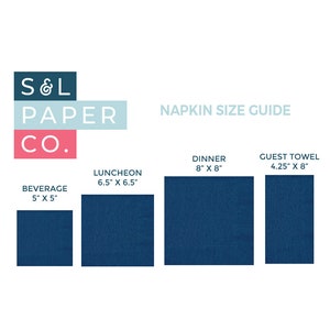 May include: Napkin size guide with a blue background. The guide shows the different sizes of napkins, including beverage, luncheon, dinner, and guest towel. The sizes are listed in inches.