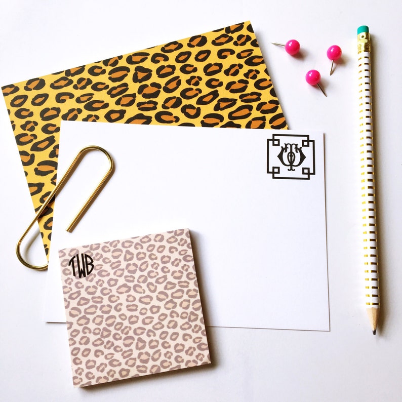 flat notecards monogrammed stationery set cheetah print stationery Animal print personalized notecards leopard print note cards