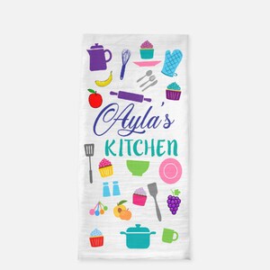 Personalized tea towel, Play kitchen accessory, Toddler kitchen accessory, Custom Kid Kitchen tea towel, Toddler gift idea, Flour sac towel image 6