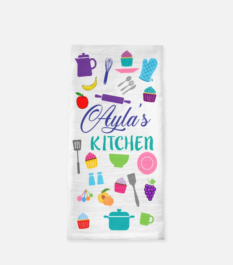 Personalized tea towel, Play kitchen accessory, Toddler kitchen accessory, Custom Kid Kitchen tea towel, Toddler gift idea, Flour sac towel image 6