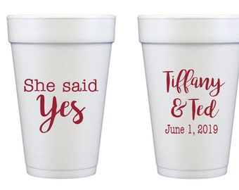 She said yes, Engagement party cups, She said yes cups, Engagement party favor, Engagement party decor, Personalized foam cups