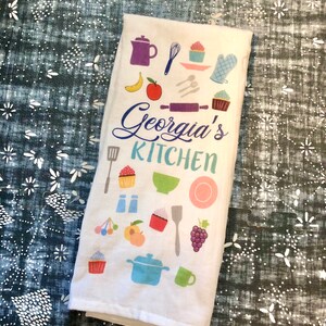 Personalized tea towel, Play kitchen accessory, Toddler kitchen accessory, Custom Kid Kitchen tea towel, Toddler gift idea, Flour sac towel image 4