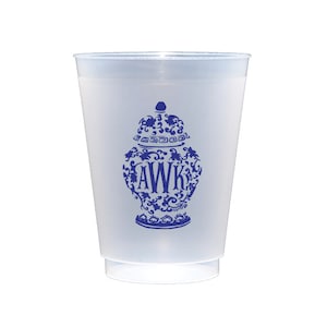 Ginger jar cups, Monogrammed shatterproof cups, Fishtail monogram cups, Blue and white ginger jar cups, Personalized plastic cups