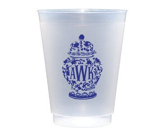 Ginger jar cups, Monogrammed shatterproof cups, Fishtail monogram cups, Blue and white ginger jar cups, Personalized plastic cups