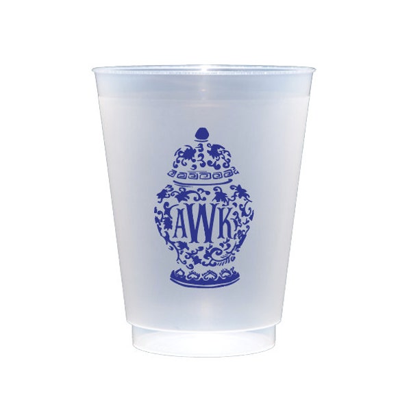 Ginger jar cups, Monogrammed shatterproof cups, Fishtail monogram cups, Blue and white ginger jar cups, Personalized plastic cups