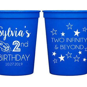 Two infinity and beyond birthday cups, Second birthday party cups, Kids birthday party cups, Outer space theme birthday cups, Rocket theme