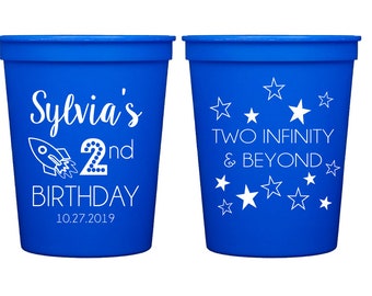 Two infinity and beyond birthday cups, Second birthday party cups, Kids birthday party cups, Outer space theme birthday cups, Rocket theme