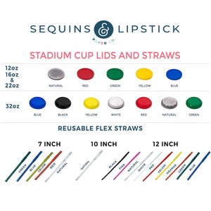 May include: Stadium cup lids and reusable flex straws in a variety of colours and sizes. The lids are available in natural, red, green, yellow, and blue. The straws are available in 7, 10, and 12 inch lengths and in colours such as green, blue, yellow, red, natural, black, pink, white, and orange.