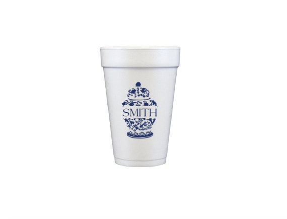 Ginger Jar Foam Cups, Personalized Foam Cups, Blue and White