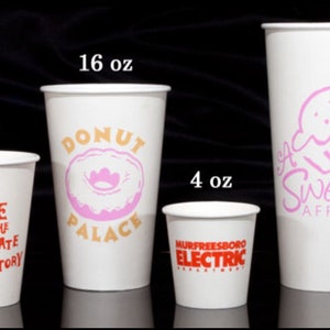 May include: Six white paper cups of different sizes with various logos printed on them. The cups are arranged from smallest to largest, with the smallest cup being 4 oz and the largest cup being 24 oz.