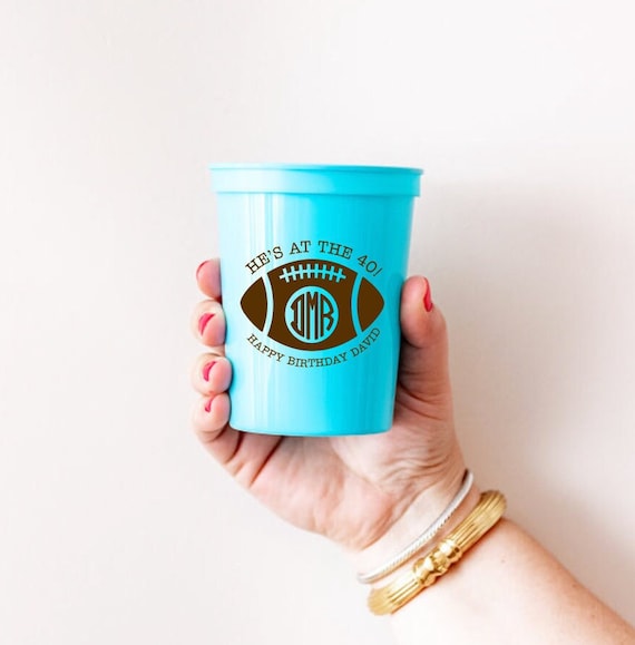 Football birthday cups, guys birthday cups, football theme birthday, 40th birthday football party cups, football party favor
