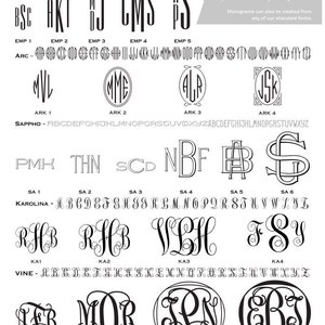May include: A chart displaying various monogram styles for names. The chart features the names Empire, Sappho, Karolina, and Vine. Each name has a unique monogram style, with letters in different fonts and sizes. The chart also includes a list of letters in the alphabet, which are used to create the monograms.