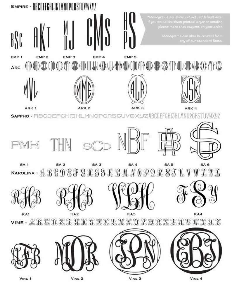 May include: A chart displaying various monogram styles for names. The chart features the names Empire, Sappho, Karolina, and Vine. Each name has a unique monogram style, with letters in different fonts and sizes. The chart also includes a list of letters in the alphabet, which are used to create the monograms.