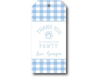May include: Blue and white gingham thank you tag with a paw print and the text "Thank You for coming to my Pawty Love. Georgia"