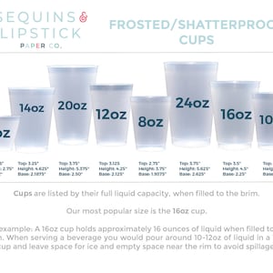 May include: A set of frosted, shatterproof plastic cups in various sizes, ranging from 9 ounces to 24 ounces. The cups are clear and have a smooth, frosted finish. The text "SEQUINS & LIPSTICK PAPER CO." is at the top of the image. The text "FROSTED/SHATTERPROOF CUPS" is below the text "SEQUINS & LIPSTICK PAPER CO.". The text "Cups are listed by their full liquid capacity, when filled to the brim." is below the cups. The text "Our most popular size is the 16oz cup." is below the text "Cups are listed by their full liquid capacity, when filled to the brim.". The text "For example: A 16oz cup holds approximately 16 ounces of liquid when filled to the brim. When serving a beverage you would pour around 10-12oz of liquid in a 16oz cup and leave space for ice and empty space near the rim to avoid spillage." is below the text "Our most popular size is the 16oz cup."