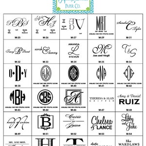 May include: A grid of 6 rows and 6 columns of black and white monogram designs. Each design is a different letter combination or name. The designs are available with a typestyle shown. The designs are numbered M-25 through M-59.
