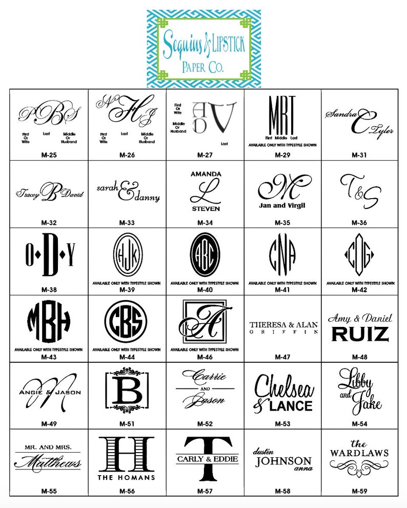 May include: A grid of 6 rows and 6 columns of black and white monogram designs. Each design is a different letter combination or name. The designs are available with a typestyle shown. The designs are numbered M-25 through M-59.
