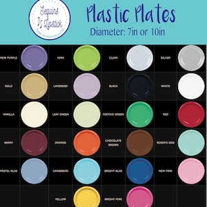 May include: A chart showing 18 different colors of plastic plates. The plates are 7 inches or 10 inches in diameter. The colors include: New Purple, Kiwi, Clear, Silver, Gold, Lavender, Black, White, Vanilla, Leaf Green, Festive Green, Red, Berry, Orange, Chocolate Brown, Robin's Egg, Pastel Blue, Caribbean, Bright Blue, New Pink, Yellow, and Bright Pink.