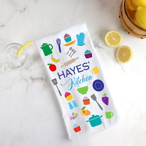 Personalized tea towel, Play kitchen accessory, Toddler kitchen accessory, Custom Kid Kitchen tea towel, Toddler gift idea, Flour sac towel image 2