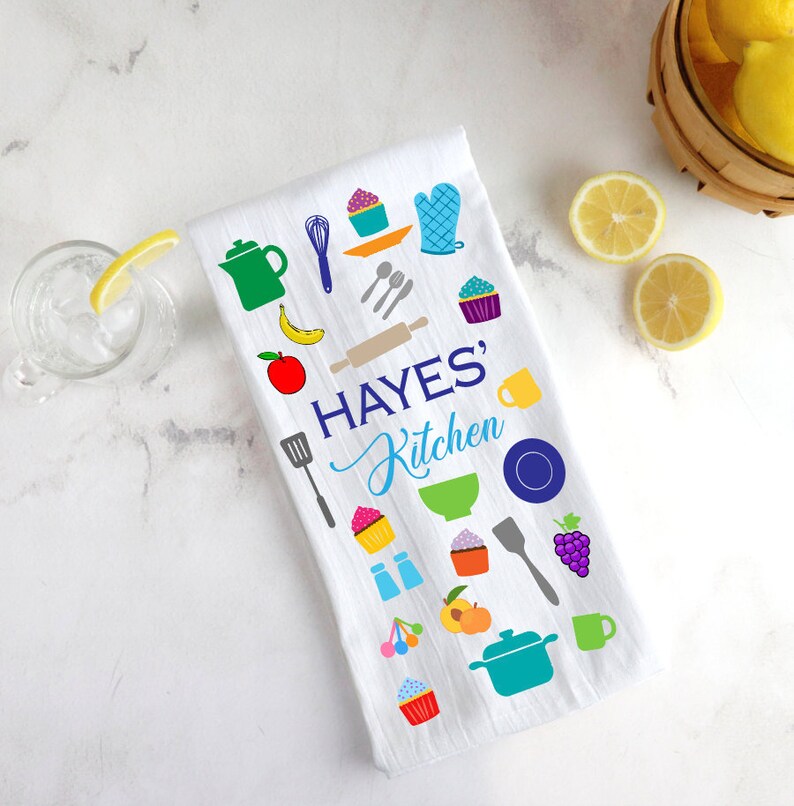 Personalized tea towel, Play kitchen accessory, Toddler kitchen accessory, Custom Kid Kitchen tea towel, Toddler gift idea, Flour sac towel image 2
