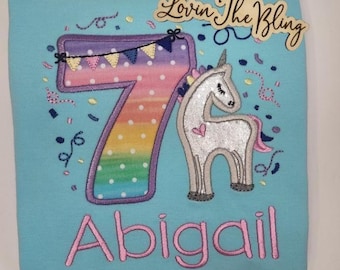 Embroidered Unicorn Birthday Shirt: Rainbow Applique, Puffy Sleeve Tee