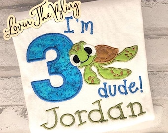 Turtle Birthday Embroidered Shirt: Custom Applique Tee, Puffy Sleeve Option