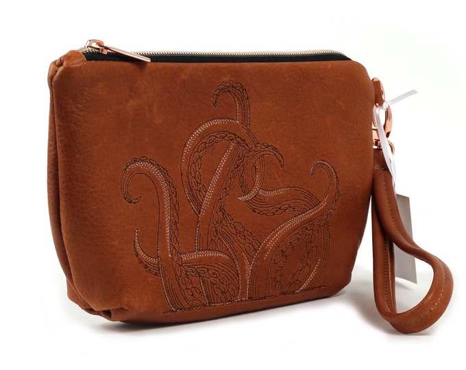 Brown Leather Clutch Embroidered Octopus Tentacles With Wristlet Strap Handmade and Ready to Ship