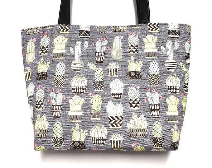 Succulents on Gray Handbag Sized Tote With Magnetic Snap Closure, Ready to Ship