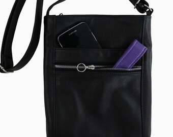 Black Leather Hip Hugger Crossbody Bag With Zippered Pockets and Long Adjustable Strap