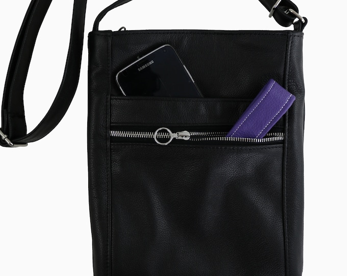 Black Leather Hip Hugger Crossbody Bag With Zippered Pockets and Long Adjustable Strap