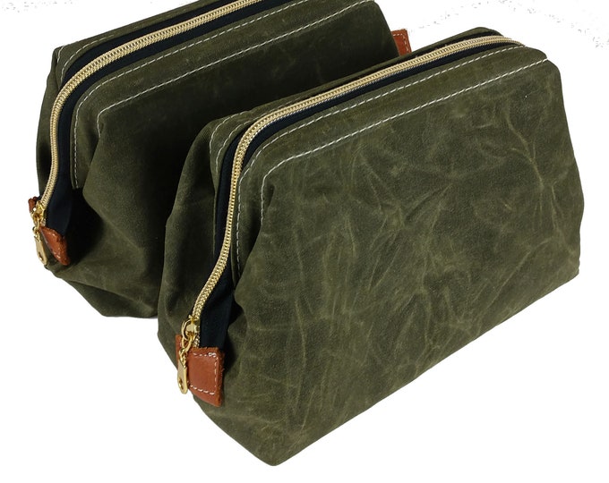 Toiletry Bag, Dopp Kit, Shaving Kit, Makeup Bag, Cosmetics Bag, Framed Bag, Zipper Pouch, Wash Bag, Olive Green, Charcoal Gray, Waxed Canvas