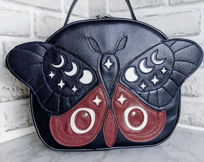 Navy Blue and Burgundy Luna Moth Top Handle Bag with Crossbody Strap