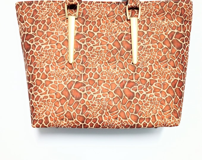 Giraffe Print Cork Handbag Tote with Gold Metal Handle Connector, Ready to Ship, Handmade