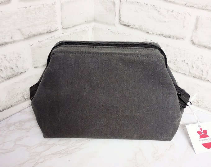 Charcoal Gray Waxed Canvas Dopp Kit Toiletry Bag With Waterproof Lining and Metal Framed Zipper