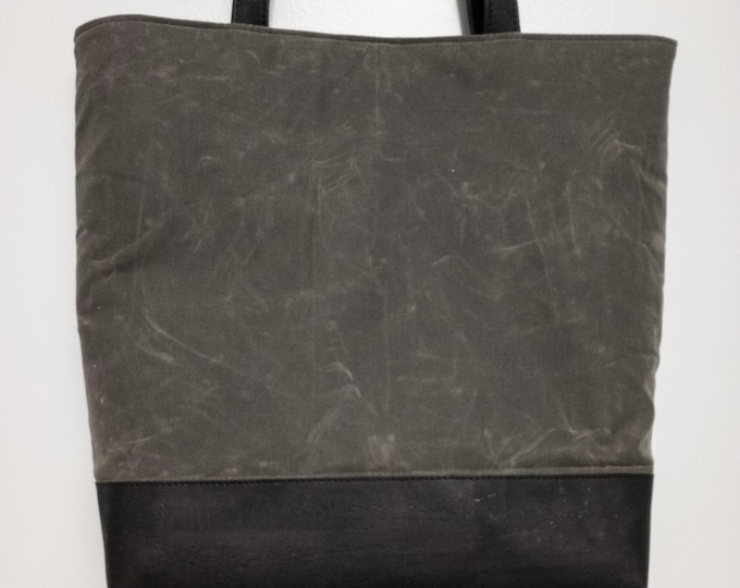 North-South Tote Bag, Shoulder Bag, Gray Waxed Canvas with Black Cork Accent