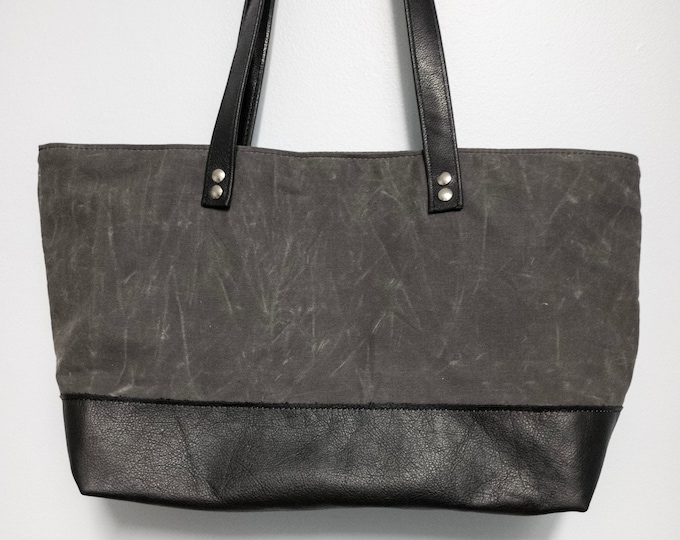 Gray Waxed Canvas East-West Tote Bag with Black Leather Accent