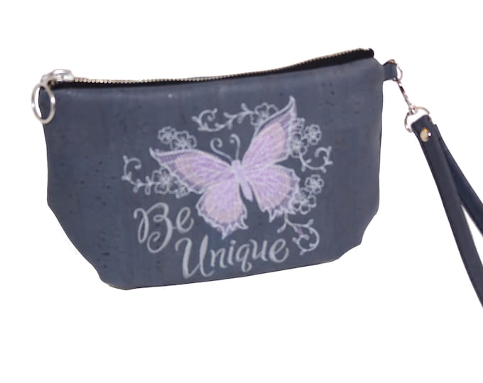 Butterfly Embroidered Charcoal Gray Cork Clutch with Wristlet Strap