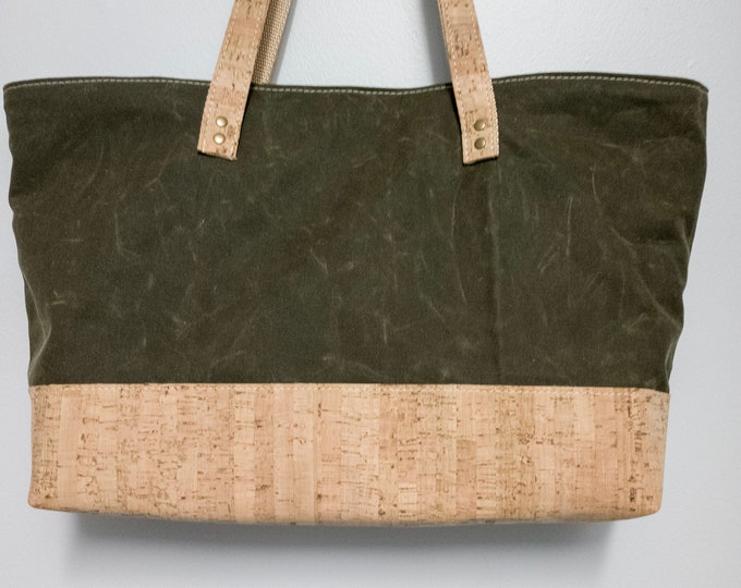 Olive Green Waxed Canvas East-West Tote Bag with Natural Cork Accent