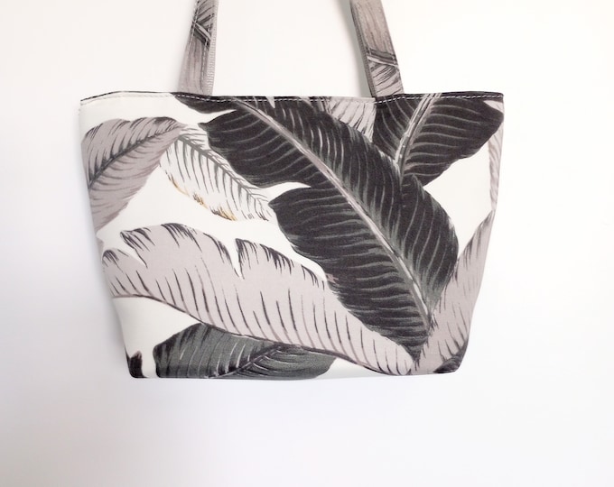 Medium Handbag Sized Tote with Pockets, Black and Gray Tropical Fern Canvas, Spring/Summer Colors, Beachy Tote