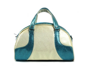 Retro Style Bowler Bag, Glitter Vinyl, Turquoise, White