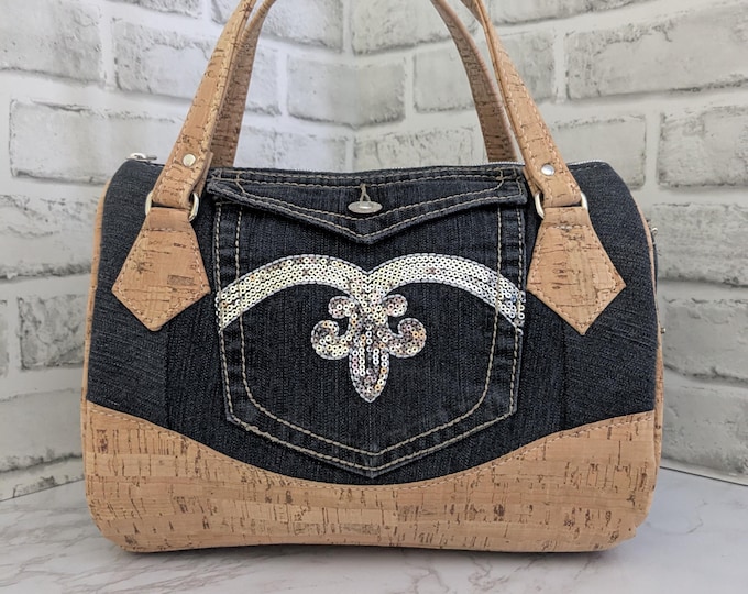 Upcycled Denim Barrel Handbag with Natural Cork Accents