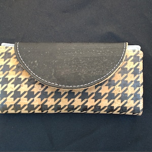Slim Woman's Wallet, Ladies Wallet, 6 ranuras para tarjetas, Bill Slot, bolsillo con cremallera, corcho negro Houndstooth