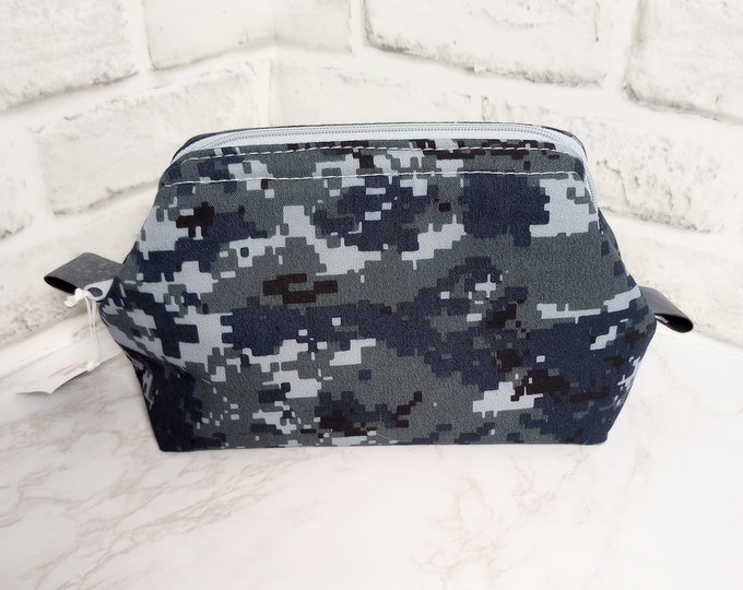 Toiletry Bag, Dopp Kit, Shaving Kit, Makeup Bag, Cosmetics Bag, Framed Bag, Zipper Pouch, Wash Bag,  Blue Camo