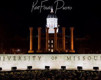 Mizzou Columns and Jesse Hall at night, Architectural Photo of Mizzou at Night, Home Decor, Mizzou Tigers, Columbia Missouri Tigers