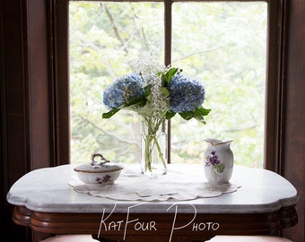 Photo Print, Blue and White Flowers in a Vase Photo, Floral Decoration, Home Decor, Nature Photo, Macro Photography, Art Photograph