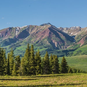 May include: A scenic view of a mountain range with snow-capped peaks and a lush green valley in the foreground. A row of evergreen trees stand in the valley, creating a natural border.