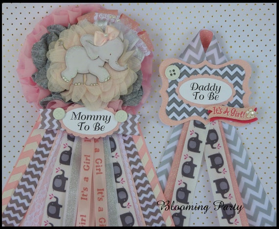 Baby Pink Gray Chevron Baby Elephant Baby Shower Mommy to Be Corsage Belly Sash