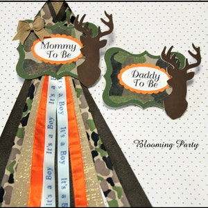Hunting Mommy To Be and Daddy To Be Badge Or Any Name Camo Mommy To Be Corsage Hunting Baby Shower Guest Corsage
