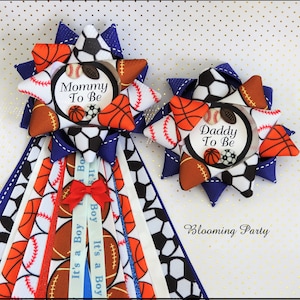 All Sports  Mommy To Be Corsage and Daddy To Be Badge Baby Shower Corsage Sports Theme Mommy Badge Corsage All Star Baby Shower Corsage